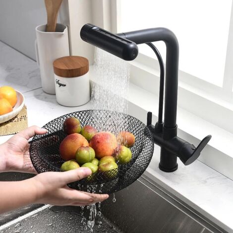 Robinet Cuisine 3 Voies avec Douchette Extractible, Mitigeur 3 Voies Cuisine Pivotant à 360°, Robinetterie Cuisine Eau Potable,mitigeur cuisine avec douchette robinet de cuisine 3 voies Noir