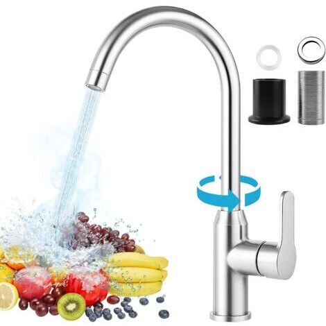 Robinet Cuisine, 360° Inoxydable Col de Cygne Mitigeur Monocommande Acier, Froid Chaud Disponible, Robinet d'eau froide pour cuisine, jardin, caravane, Argenté