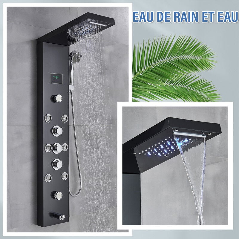 Led Colonne de Douche Noir Hydromassage , affichage de la température de l'eau 2 grandes buses de massage et 6 buses de micro massage