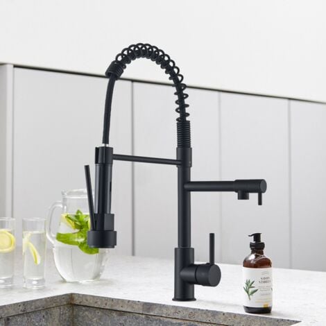 ONYZPILY Robinet Cuisine avec 2 Jets Noir,Robinetterie à Ressort Mitigeur Cuisine,Mitigeur Cuisine Rotatif à 360°,STANEW Froid & Chaud Disponible