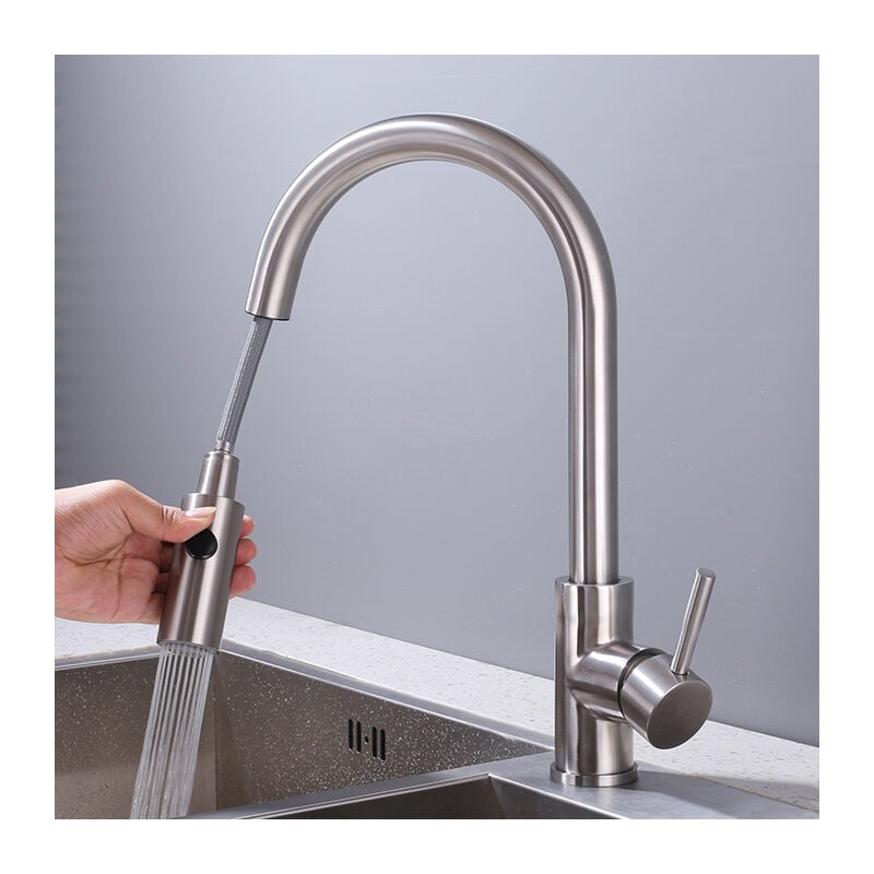 Homelody - Robinet de Cuisine avec Douchette Extractible Mitigeur Cuisine Bec Rotatif Mitigeur d'Évier en Acier Nickel Brossé