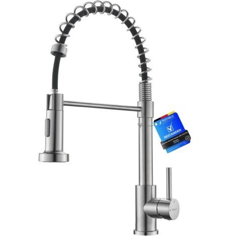 Robinet Cuisine avec Douchette Extensible 360° Pivotant, Mitigeur Évier à Arc Élevé, 2 Modes de Pulvérisation, Acier Inoxydable Économe en Eau, Design Moderne, M22143A
