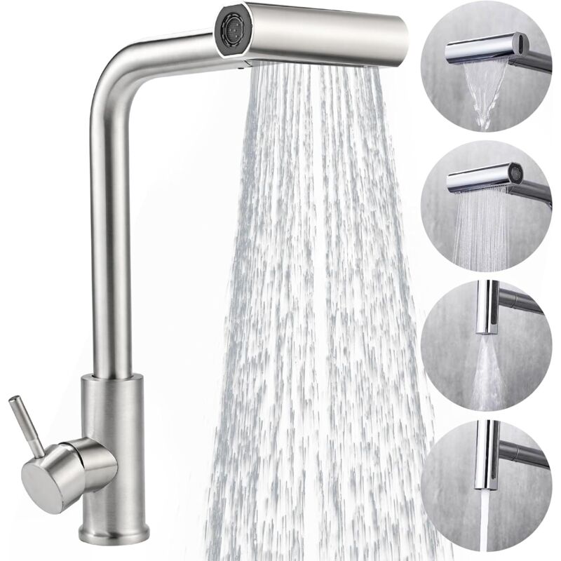 Longziming - Mitigeur Cuisine avec Douchette Extensible en Acier Inoxydable - Robinet de Cuisine Rotatif 360° Finition Brossée, 4 Modes Débit +