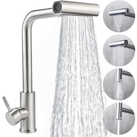 Robinet Cuisine avec Douchette Extensible Mitigeur Cuisine en Acier Inoxydable Robinet Douchette Cuisine de Rotatif à 360°, Finition Brossée, 4 Modes de Réglage du Débit D'eau