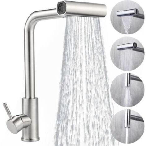 Robinet Cuisine avec Douchette Extensible Mitigeur Cuisine en Acier Inoxydable Robinet Douchette Cuisine de Rotatif à 360°, Finition Brossée, 4 Modes de Réglage du Débit D'eau