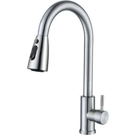 Robinet Cuisine avec Douchette Extensible Mitigeur Cuisine Robinet de Rotatif à 360°, 3 Modes de Réglage du Débit D'eau, Argent brossé