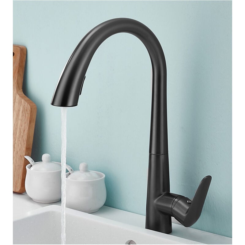 Jn.songs - Robinet Cuisine Robinets d'Évier avec Douchette Extensible Mitigeur Cuisine Rotatif à 360° 2 Modes de Pulvérisation - Noir