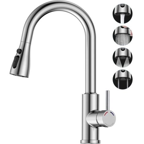 Robinet Cuisine avec Douchette Extensible Mitigeur - PRO Rabattable Mitigeur Robinet Evier de Cuisine avec 4 Douchette Modes, 360° d'É