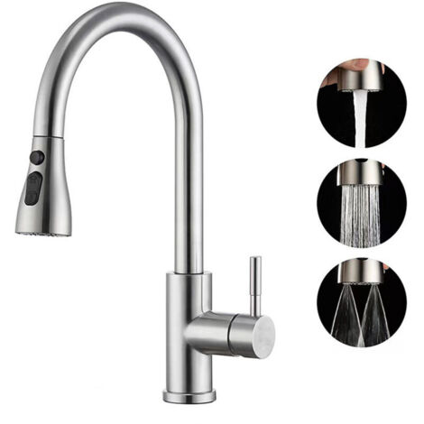 Robinet Cuisine avec Douchette Extensible Mitigeur - Rabattable Mitigeur Robinet Evier de Cuisine avec 3Douchette Modes, 360° Robinet Cuisine