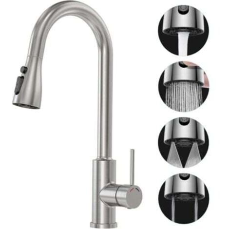 Robinet Cuisine avec Douchette Extensible Mitigeur - SREWOHS PRO Rabattable Mitigeur Robinet Evier de Cuisine avec 4 Douchette Modes, 360° d'Évier à Arc Élevé Acier Inoxydable Robinet Cuisine