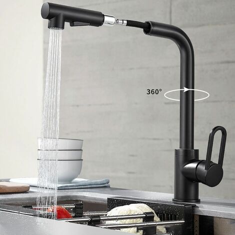 Robinet Cuisine avec Douchette Extractible, Mitigeur Cuisine Rotatif à 360 ° avec 2 Modes de Jet, Robinetterie pour Cuisine ou Salle de Bain, Noir