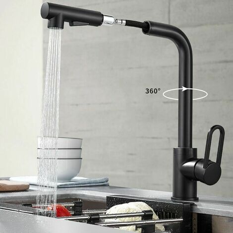 Robinet Cuisine avec Douchette Extractible, Mitigeur Cuisine Rotatif à 360 ° avec 2 Modes de Jet, Robinetterie pour Cuisine ou Salle de Bain, Noir