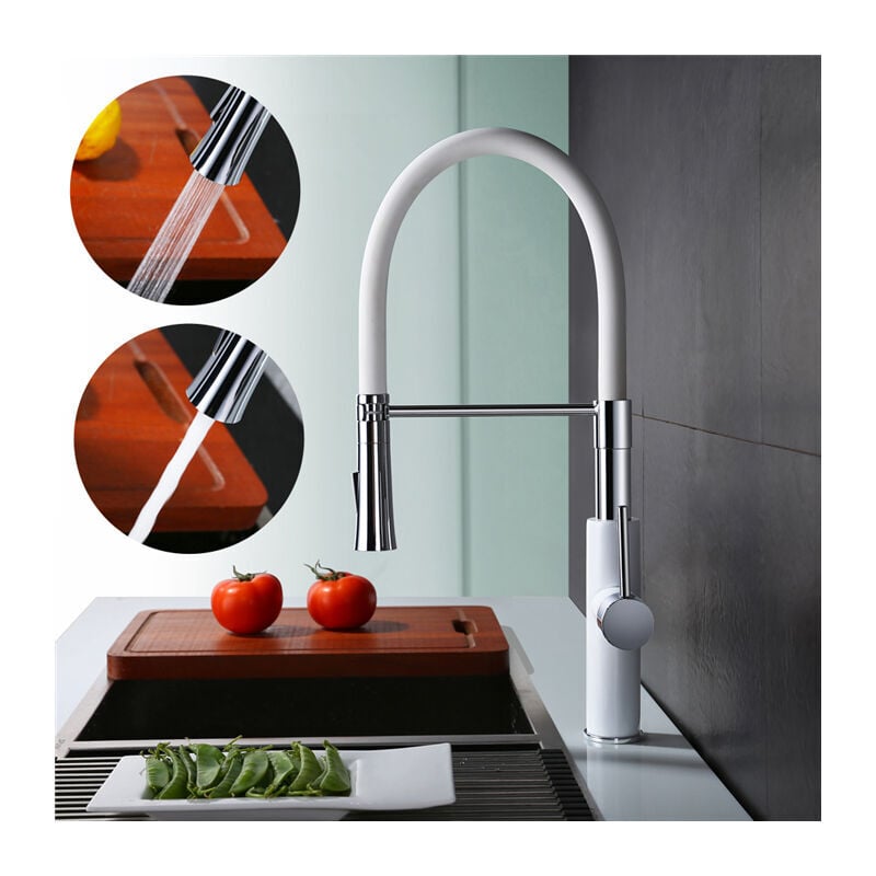 Fitags - Robinet Cuisine avec Douchette Mitigeur Blanc pour Evier à Débit Variable Haut Bras Rotatif Tuyau en Silicone