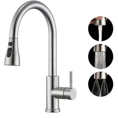Robinet Cuisine avec Douchette - Mitigeur Cuisine avec Bec pivotant à 360°, 3 Modes de Pulvérisation, Arc Élevé, Acier Inoxydable Robinet pour éviers de Cuisine à 1 trou