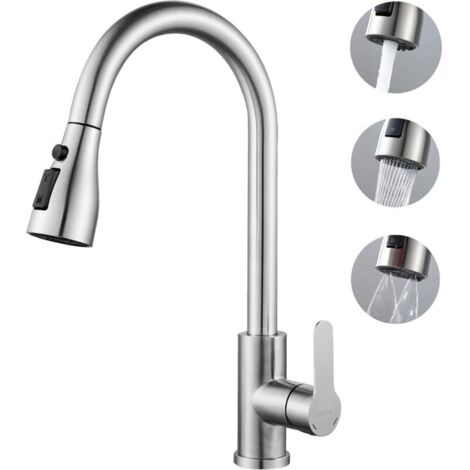 Robinet Cuisine avec Douchette - Mitigeur Cuisine avec Bec pivotant à 360°, 4 Modes de Pulvérisation, Arc Élevé, Acier Inoxydable Robinet pour éviers de Cuisine à 1 trou