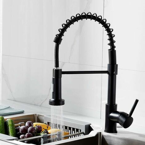 Robinet Cuisine avec Douchette Pivotant à 360° Robinet Cuisine à Ressort 2 Modes de Pulvérisation avec Tuyaux Mitigeur Monocommande Evier Froide et Chaud Disponible (Noir)