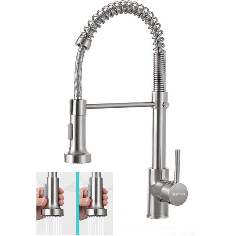 Jn.songs - Robinet Cuisine avec Ressort en Spirale Robinet d'Évier en Acier Inox Rotatif 360° Mitigeur Argent avec Douchette Extractible