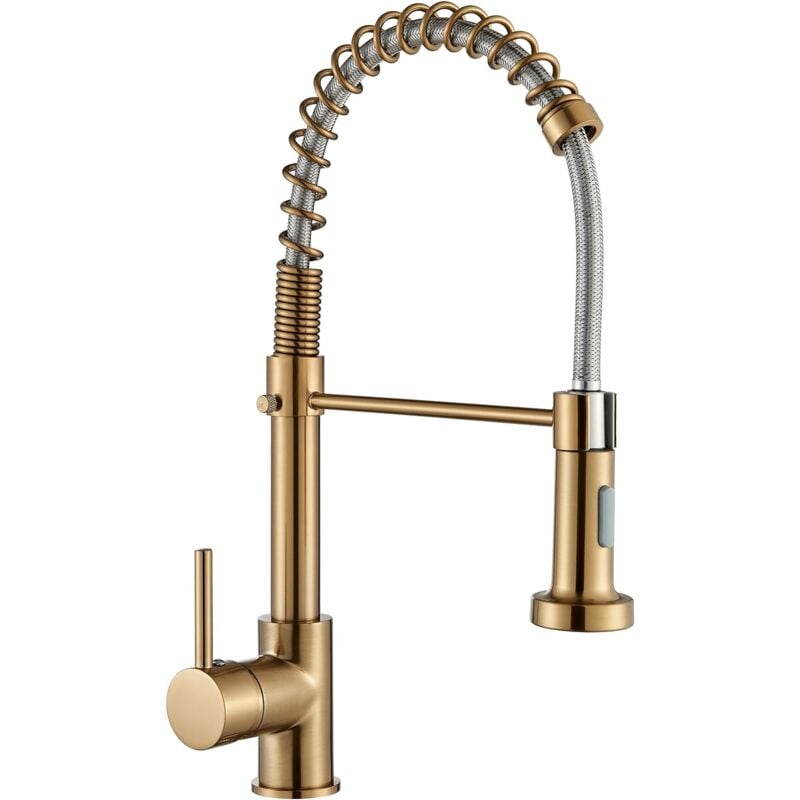 Jn.songs - Robinet Cuisine avec Ressort en Spirale Robinet d'Évier en Acier Inox Rotatif 360° Mitigeur Or avec Douchette Extractible