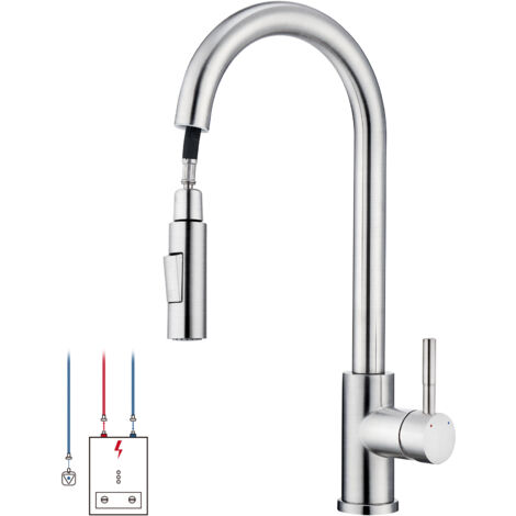 Robinet cuisine basse pression, 2 jets, rotation 360°, douchette extractible, inox, 3 raccords pour chauffe-eau
