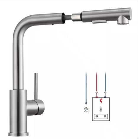 Robinet Cuisine Basse Pression avec Douchette Extractible 2 Modes, Rotation 360°, 3 Raccords pour Boiler, Mitigeur Inox Brossé Résistant et Pratique