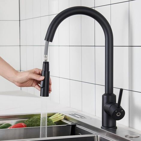 Robinet Cuisine Douchette, Extensible Robinetterie de Cuisine avec 2 Modes de Pulvérisation, Arc Élevé Mitigeur Cuisine avec Douchette, Rotatif à 360°, Installation Facile, Noir