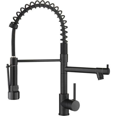 Robinet Cuisine Douchette Extractible avec 2 Modes de Pulvérisation,Livré avec 2 becs,Mitigeur Cuisine Rotatif à 360°, Froid & Chaud Disponible, Robinetterie de Cuisine en Acier Inoxydable,Noir