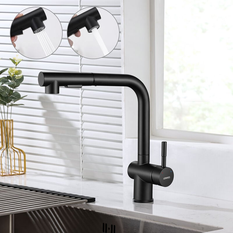 Lonheo - Robinet Cuisine avec Douchette Extractible Noir, Mitigeur Cuisine avec Douchette à 2 Jets, Mitigeur Evier en Acier Inox Sans-Plom Pivotant à