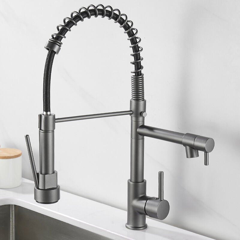 Petites Ecrevisses - Robinet Cuisine Extractible 2 Jets Mitigeur Monocommande Pivotant à 360° Disponible Eau Froid et Chaud Gris