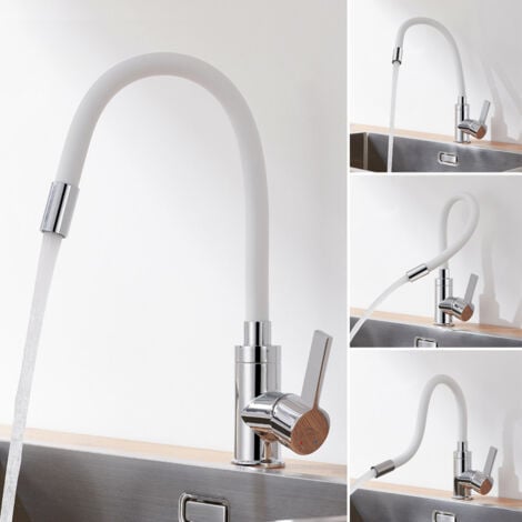 Robinet Cuisine Flexible, Auralum Mitigeur Cuisine Blanc Pivotant à 360°, Mitigeur d'évier avec Tuyau en Silicone Flexible, Robinetterie de Cuisine avec Sortie d'Eau Haute