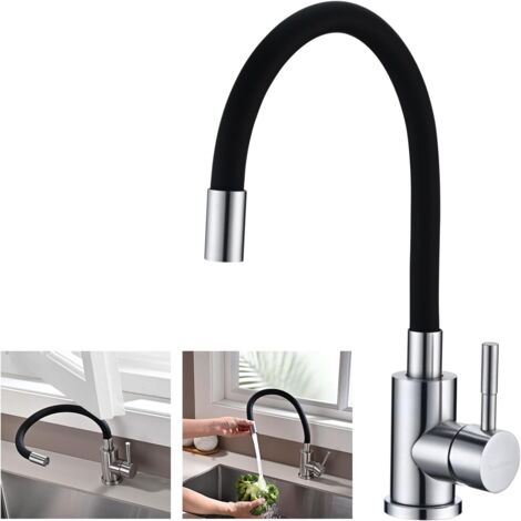 Robinet Cuisine Flexible, Mitigeur Cuisine Noir avec Bec Flexible, Robinet Evier de Cuisine, Robinetterie Cuisine, Mitigeur Evier Pivotant À 360°, Acier Inoxydable, Noir