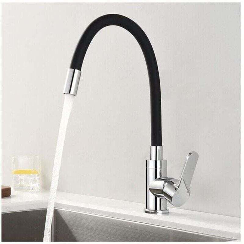 Alovez - Robinet Cuisine Mémoire de Forme Mitigeur d'évier Courbe en Silicone Noir Robinetterie Chromé Mitigeur Cuisine Flexion Arbitraire Pivotant