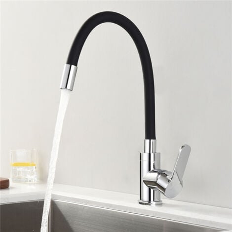 Robinet Cuisine Mémoire de Forme Mitigeur d'évier Courbe en Silicone Noir Robinetterie Chromé Mitigeur Cuisine Flexion Arbitraire Pivotant 360°