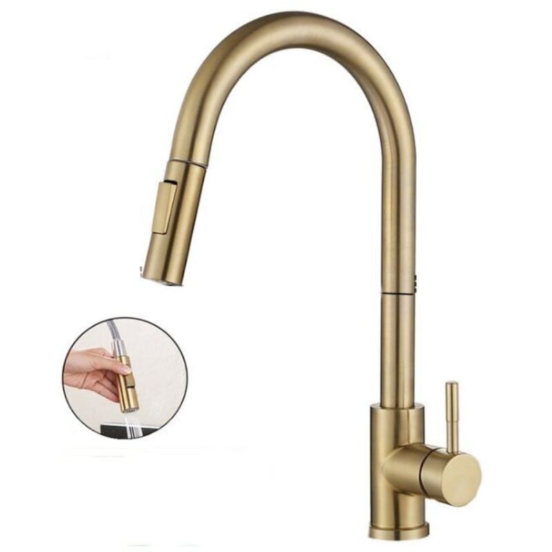 Largeight - Robinet Cuisine Mitigeur avec Douchette Extractible Haut Bec Robinetterie Rotatif à 360° 2 Modes Jets Robinet Evier,doré brossé