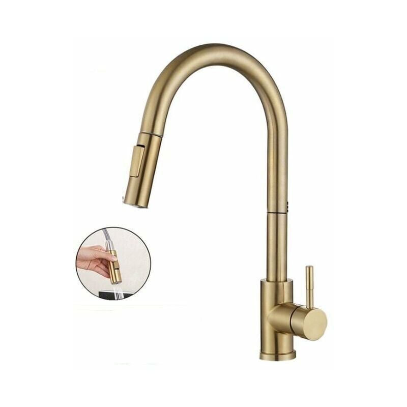Robinet Cuisine Mitigeur avec Douchette Extractible Haut Bec Robinetterie Rotatif à 360° 2 Modes Jets Robinet Evier,doré brossé