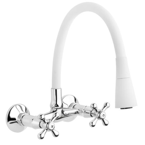 Robinet Cuisine Mitigeur Blanc Mural Manettes Croisillons Roma Bec Flexible