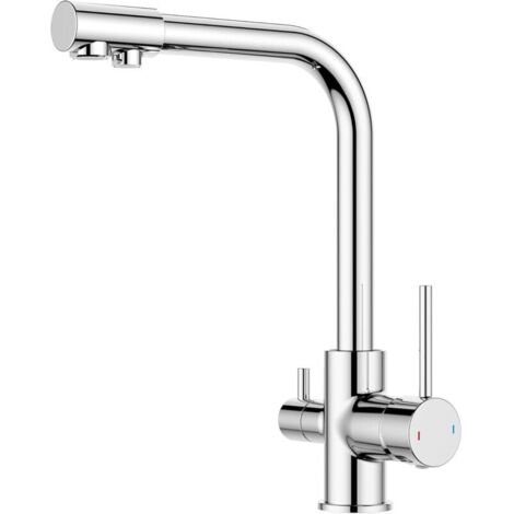 Robinet Cuisine, Mitigeur Cuisine 3 Voies à Deux Poignées avec Bec Verseur D'eau Potable et Pivotant à 360°, Chrome Poli