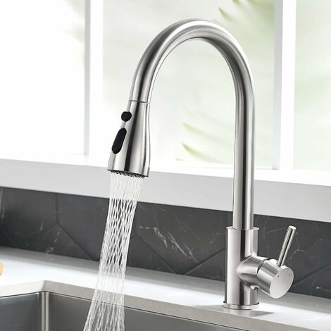 Robinet Cuisine, Mitigeur Cuisine avec Douchette, 3 Modes de Sortie d'eau, Beau Modèle de Débit d'eau, Robinet de Cuisine en Acier Inoxydable Rotatif à 360°, Mat, avec Tuyau PEX