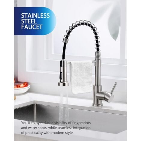 SUGUWORD Robinet Cuisine Mitigeur Cuisine Avec Douchette 360¡ã Robinet d'¨vier ¨¤ Arc ¨lev¨ pulv¨risateur escamotable 2 Modes de Pulv¨risation,Nickel bross¨
