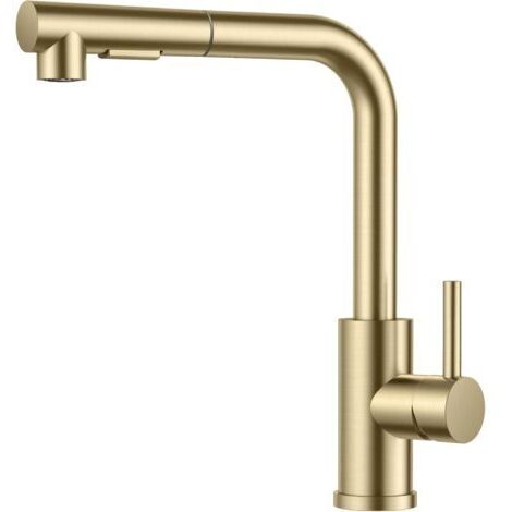 Robinet Cuisine, Mitigeur Cuisine avec Douchette Extractible, 2 Modes de Pulvérisation et Pivotante à 360°, En Forme de L Acier Inoxydable Monolevier Robinet Evier, Or Brossé