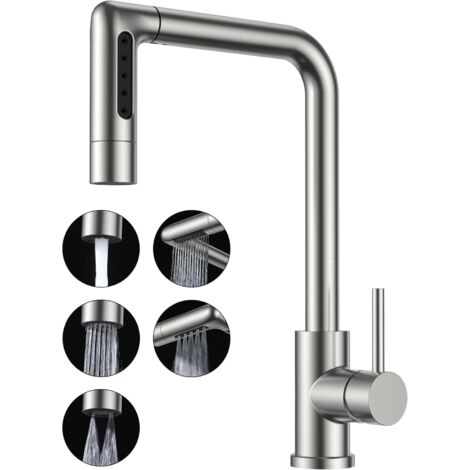 Robinet Cuisine, Mitigeur Cuisine avec Douchette Extractible, 5 Modes de Pulvérisation, Acier Inoxydable Pivotant à 360°, Poignée Unique pour l'Eau Chaude et Froide Robinet Evier