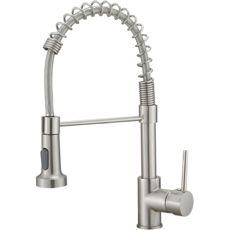 Robinet Cuisine, Mitigeur Cuisine Avec Douchette Pivotant à 360° d'Évier à Arc Élevé Pulvérisateur Escamotable 2 Modes, Acier Inoxydable