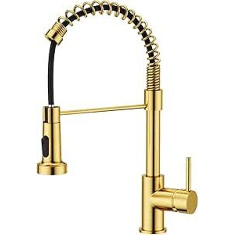 Robinet Cuisine, Mitigeur Cuisine Avec Douchette Pivotant à 360° d'Évier à Arc Élevé Pulvérisateur Escamotable 2 Modes, Or Brossé