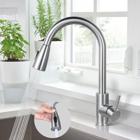 Robinet Cuisine, Mitigeur Évier en Acier Inoxydable 304, Robinet Évier Rotatif à 360° avec Douchette Extractible, Mitigeur Cuisine 2 Jets d'Eau Écrou en Laiton Sans Plomb Brossé