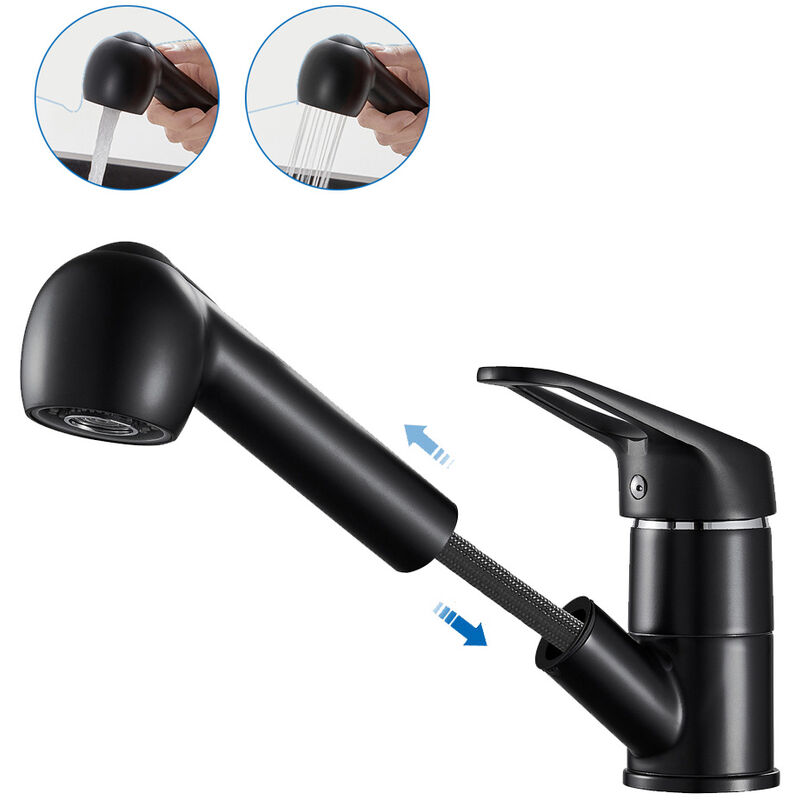 Auralum - Robinet de Cuisine Noir avec 50CM Douchette Extractible Mitigeur Cuisine à 2 Jets Eau Froide et Chaude Mélangeur de Evier Cuisine