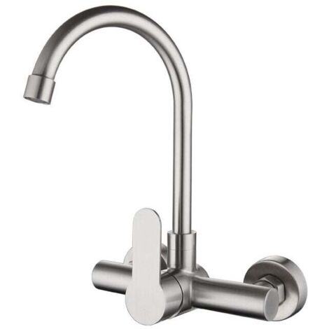 Robinet Cuisine Mural Acier Inoxydable 304 Évier Lavabo Balcon Buanderie Eau Chaude Froide Rotatif Argent