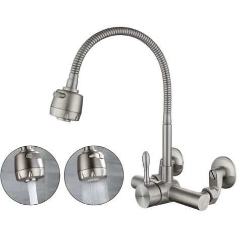 Robinet Cuisine Mural - Acier Inoxydable 304 - Rotation 360° - Cartouche Céramique - Fixation Murale 12 à 18 cm - 1 Pièce