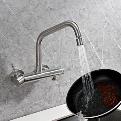 Robinet Cuisine Mural avec Raccord 3/4 pour Lave-Vaisselle, Mitigeur Cuisine avec 2 Types de Jets, Rotation à 360°, Sortie d'eau Tourne à 120°, Acier inoxydable, Hauteur Totale 240mm