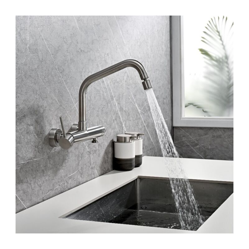 BuntHaus Mitigeur Mural de Cuisine Robinet Cuisine Mural avec 2 Jets Mitigeur de Cuisine Pivotant à 360° Robinet d'évier en Acier Inoxydable Brossé