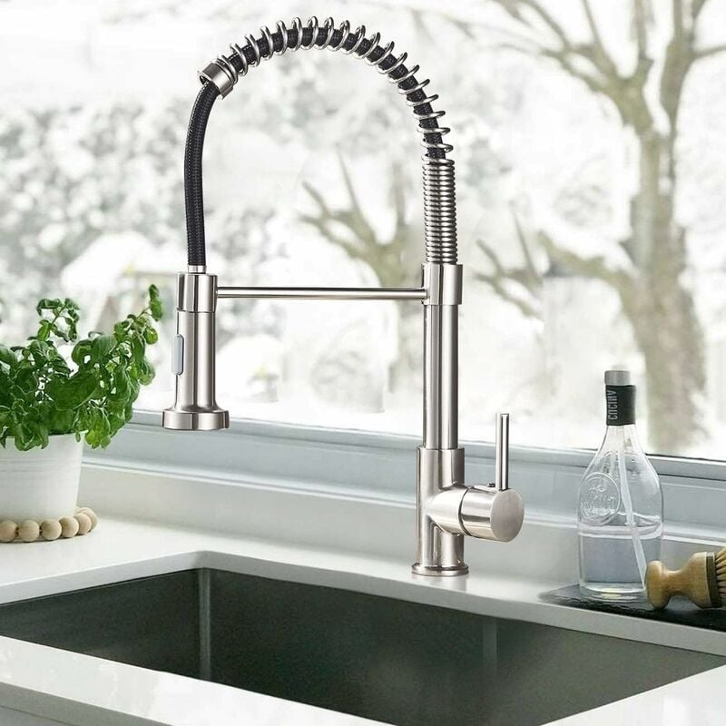 S-giant Robinet Cuisine Nickel brossé Mitigeur Cuisine Avec Douchette 360° Robinet d'Évier à Arc Élevé pulvérisateur escamotable 2 Modes de
