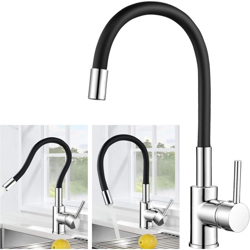Robinet Cuisine Noir, Mitigeur Cuisine avec Bec Flexible, Robinetterie de Cuisine Rotatif 360°, Robinet Evier de Cuisine, Laiton